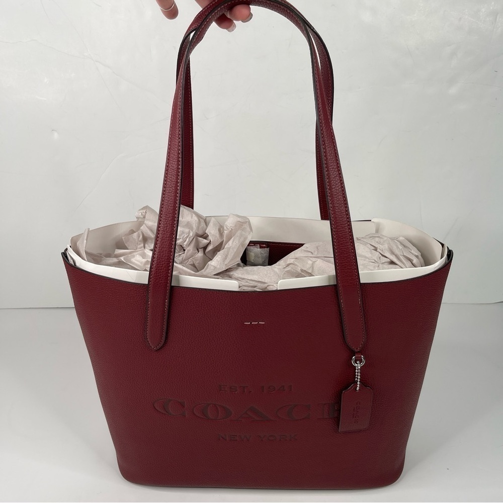 Coach Cameron Tote Embossed Pebbled Leather Wine Silver - Picture 3 of 17
